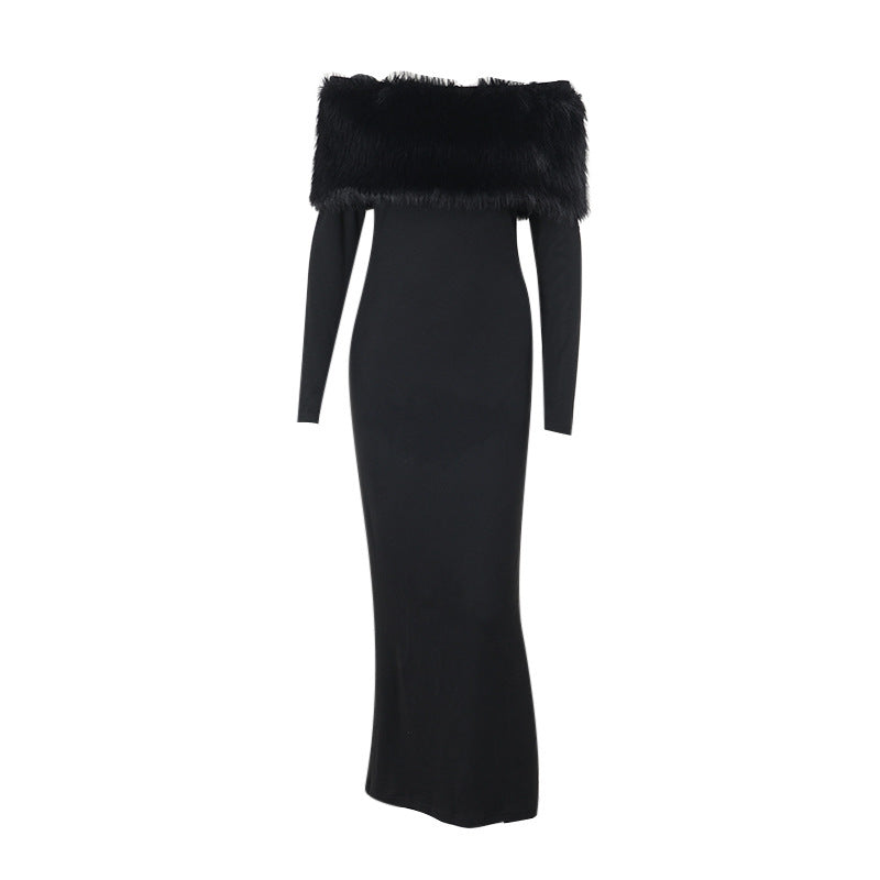 Onyx Fur Midi Dress - Black