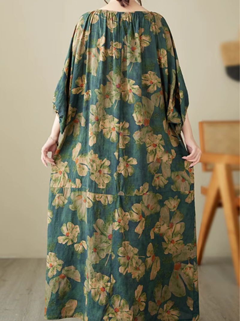 Abstract Floral Round Neck Lantern-Sleeve Loose Maxi Dress 2