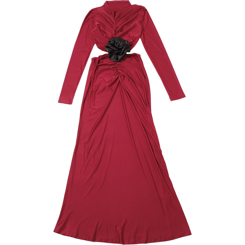 Mock Neck Long Sleeve Rosette Cutout Ruched Maxi Dress 10
