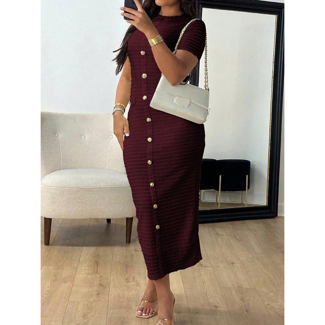 Crew Neck Short Sleeve Button Front Textured Bodycon Midi Dress 10