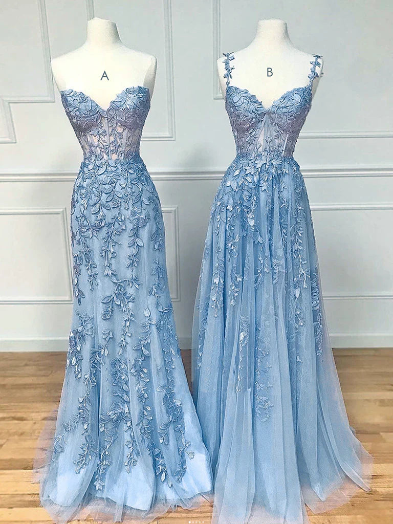 Blue Sweetheart Neck Lace Long Prom Dresses, Blue Lace Graduation Dress - Fashionpara