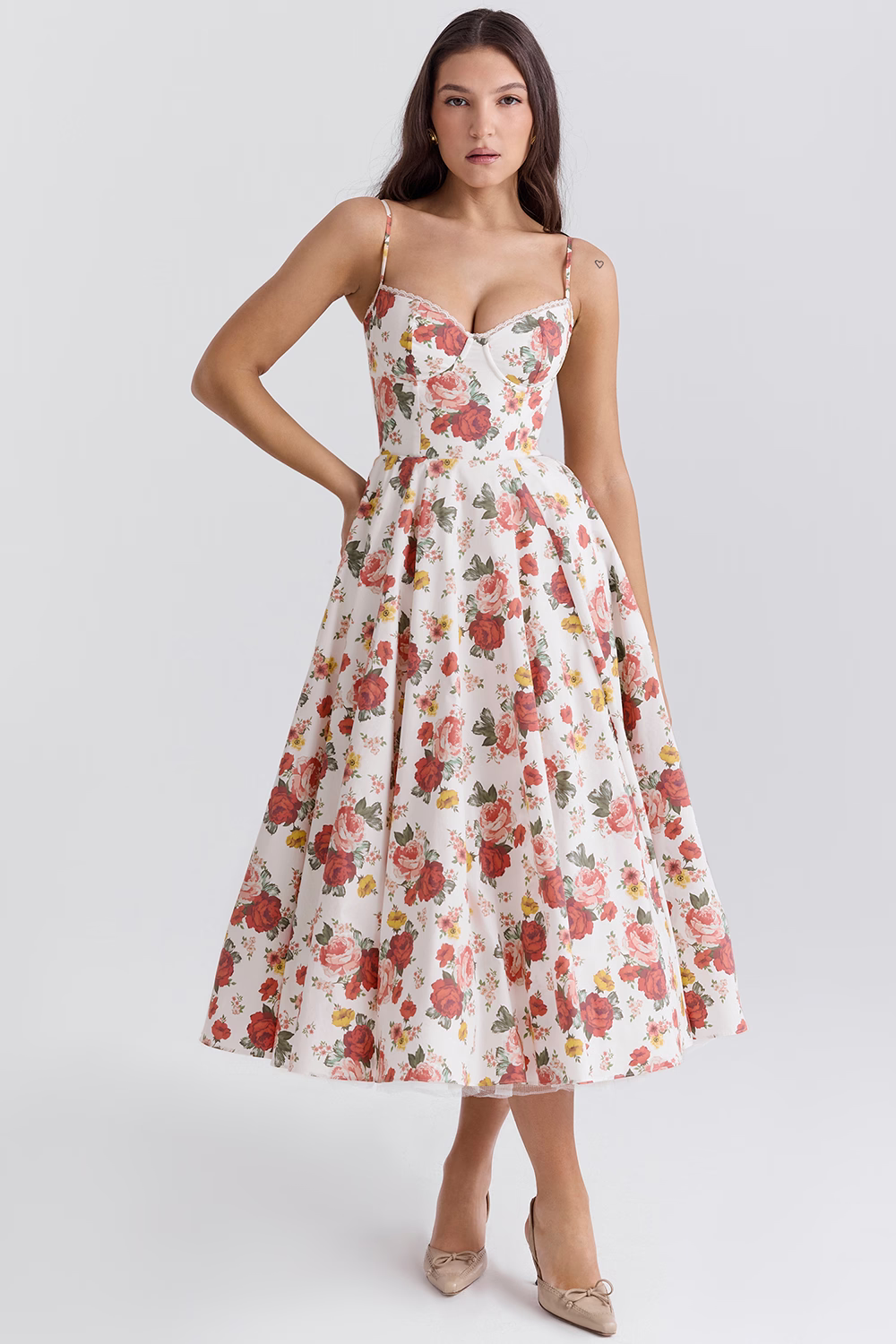 Spaghetti Strap Sweetheart Lace Trim Corset A-Line Midi Dress - View 13
