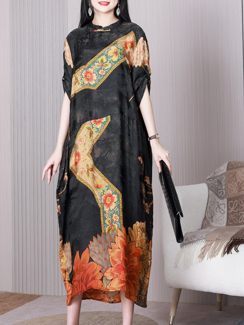 Floral Stand Collar Short Sleeve Side-Slit Midi Dress