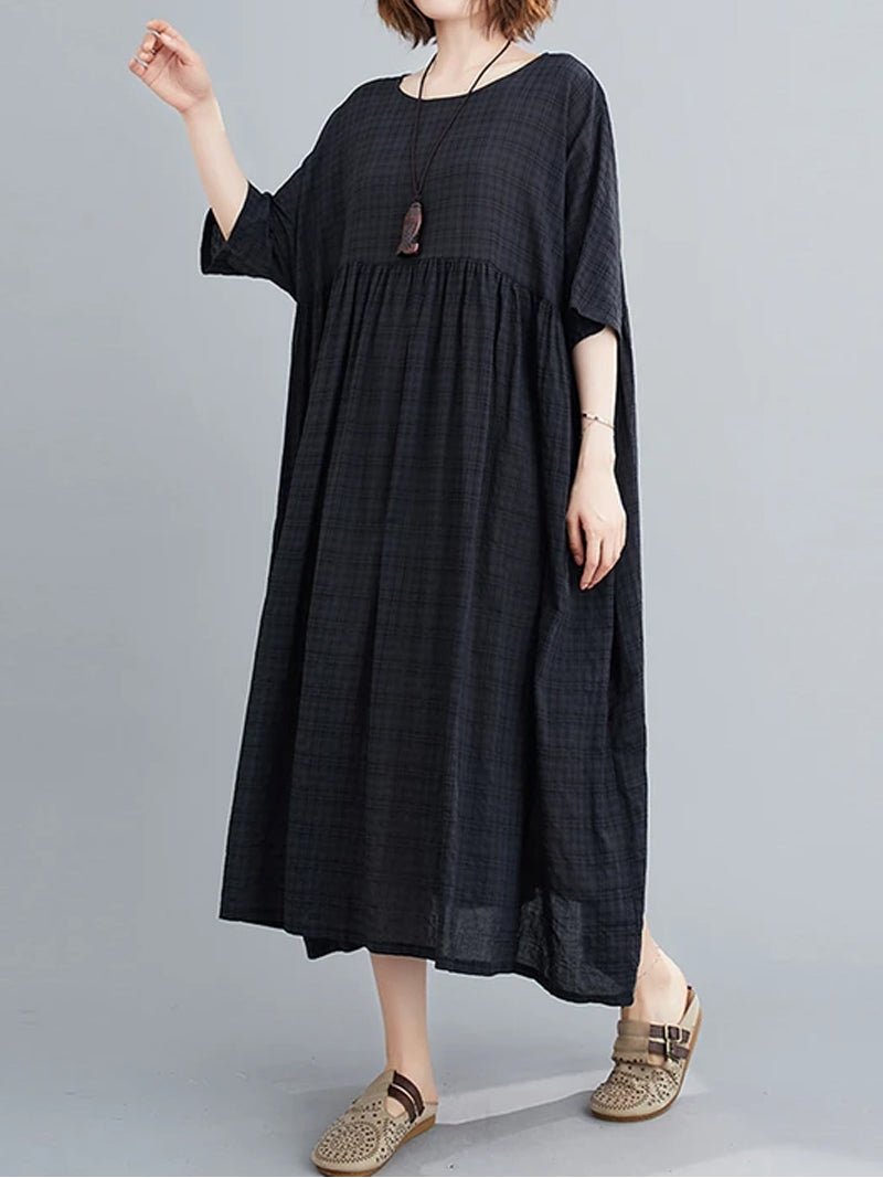 Plaid Round Neck Short Sleeve Smock Midi Dress 9