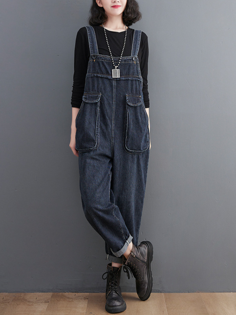 Literary Retro Large Size Loose Black Denim Overalls - Fashionpara