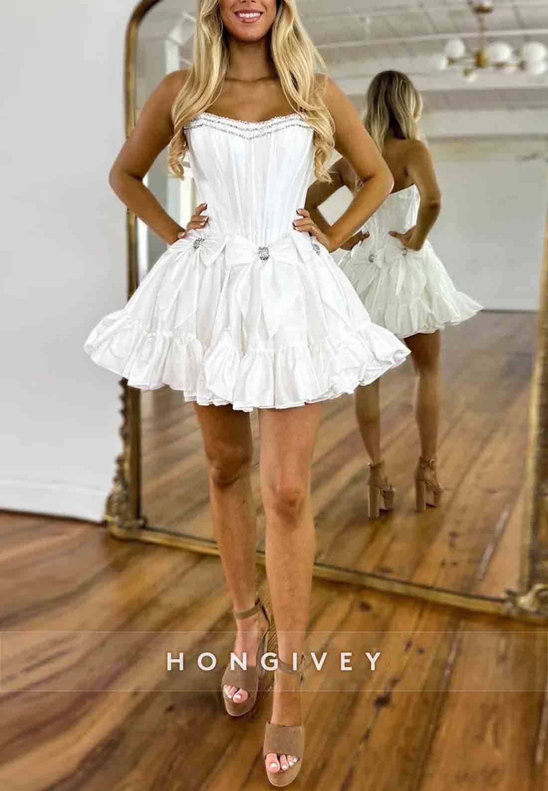 Bowknot Ruched Strapless Satin Pleated Ball Gown Short Homecoming Dresses