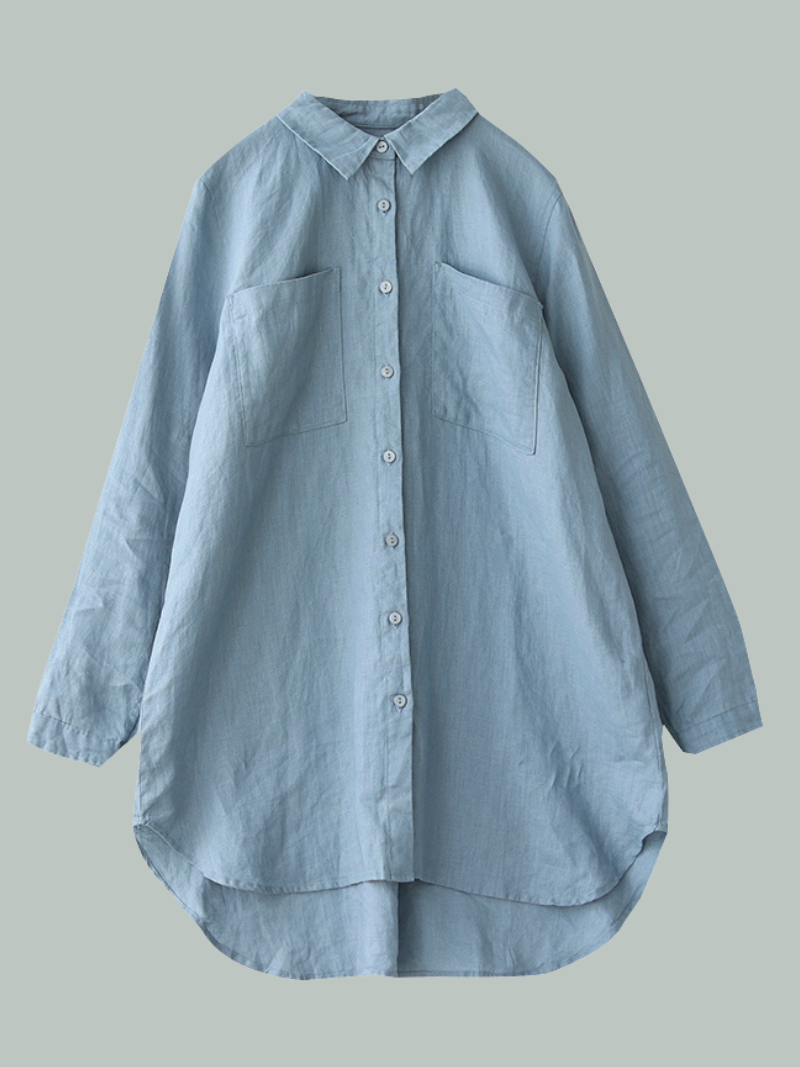 Casual Long-Sleeved Shirt Loose Mid-Length Button Shirt Top With Pocket - Fashionpara
