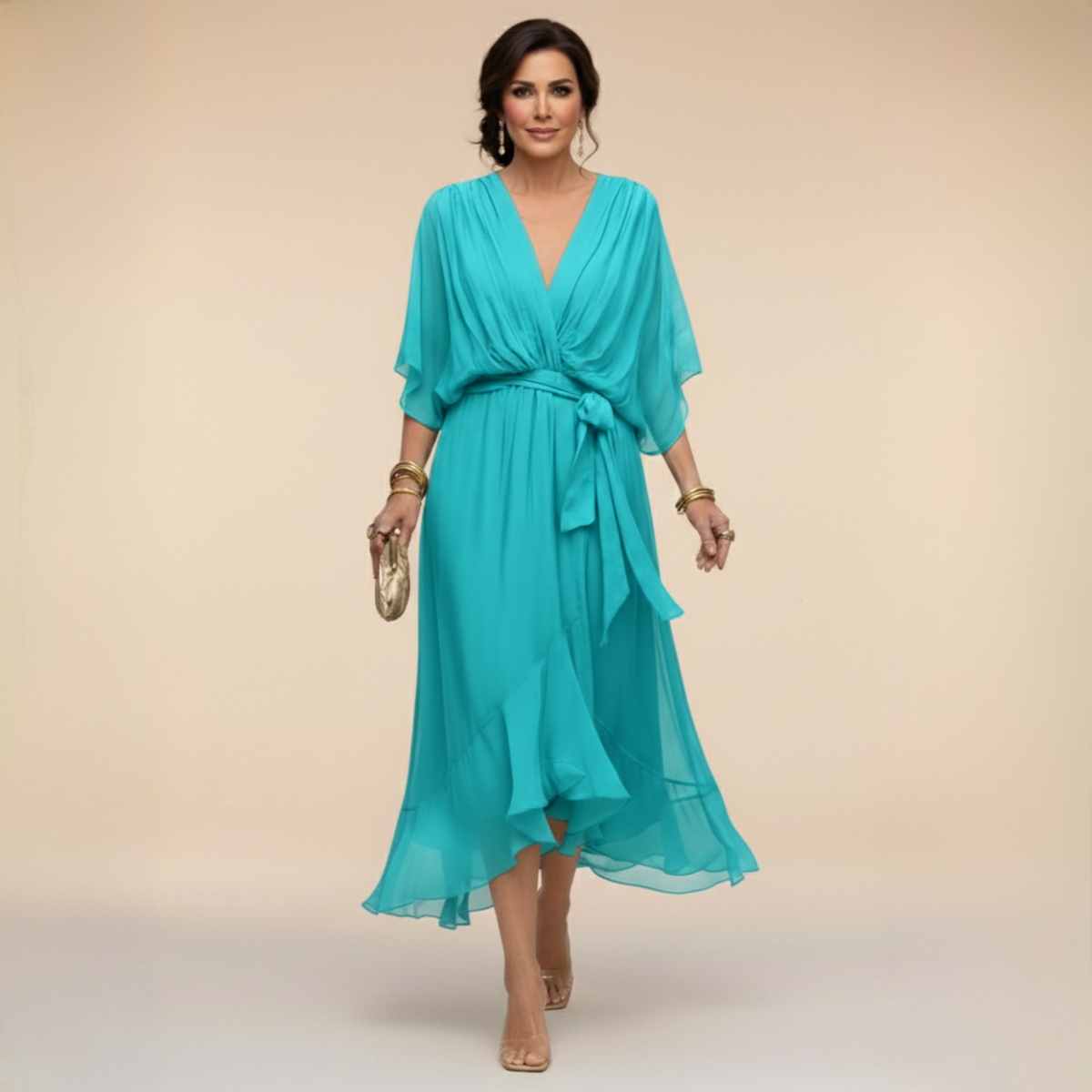 Deep V-Neck Kimono Sleeve Belted Ruffle Wrap Midi Dress 7