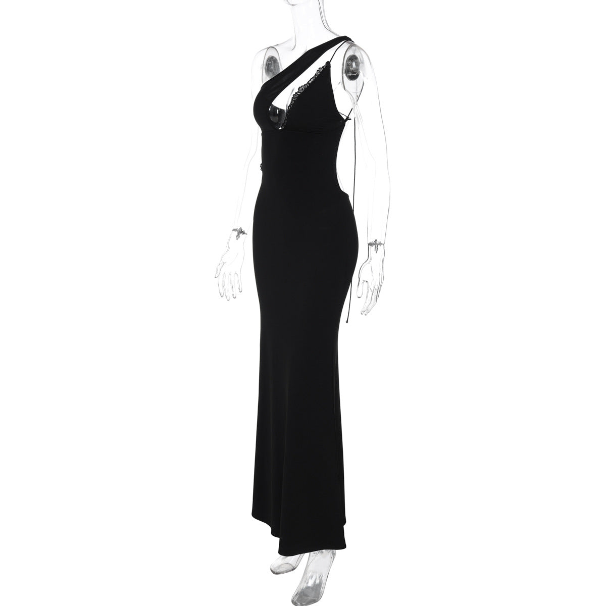 One-Shoulder Lace-Trim Cut-Out Bodycon Maxi Dress 10