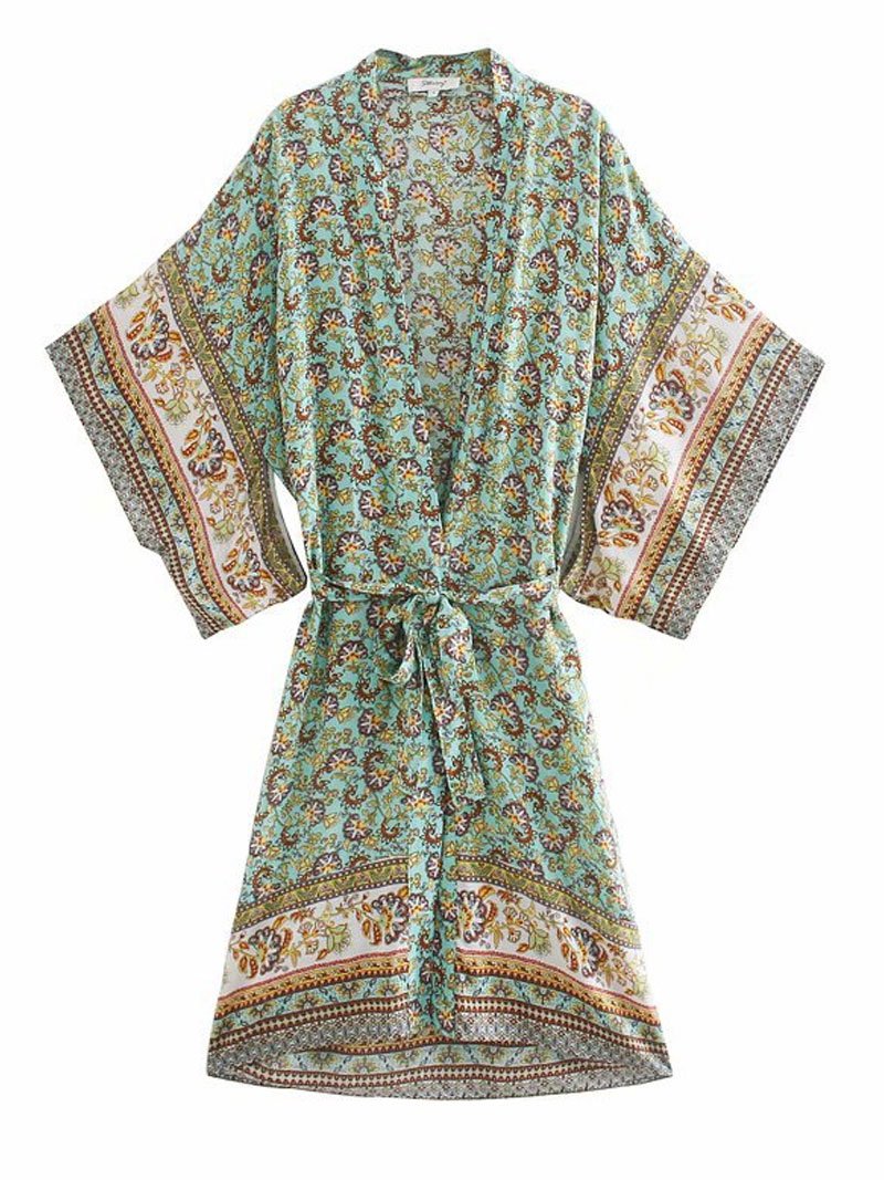 Plant Flowers Print Green Color Cotton Long Length Gown Kimono Duster Robe - Fashionpara