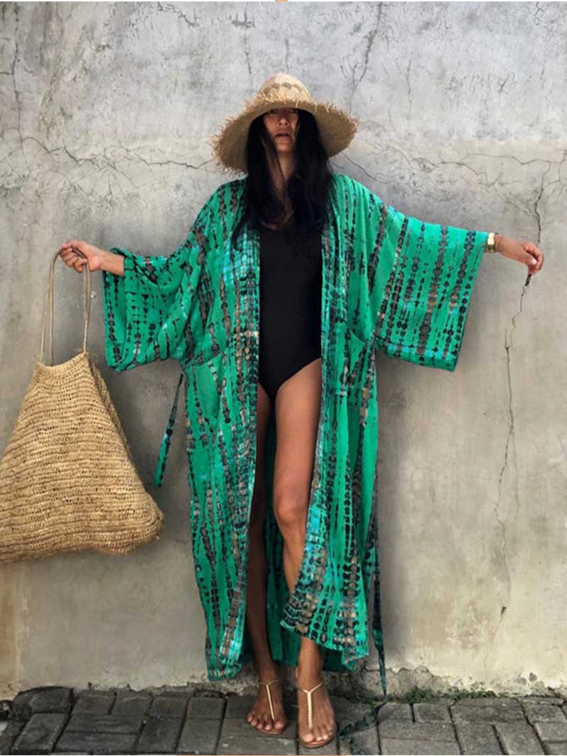 Tie-Dye Print Different Color Rayon Long Length Gown Kimono Duster Robe - Fashionpara