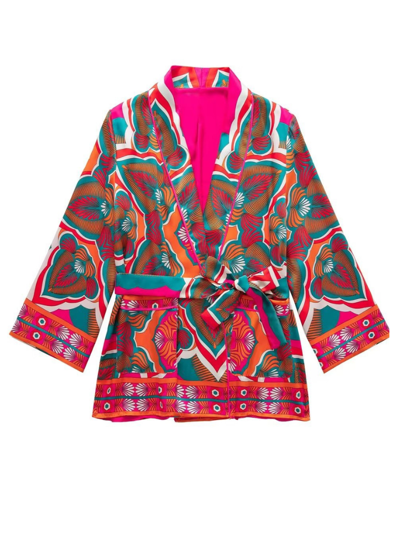 autumn belted printed short kimono jacket dress - Fashionpara