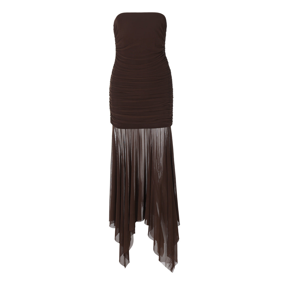 Mesh Strapless Ruched Bodycon Fishtail Maxi Dress 10