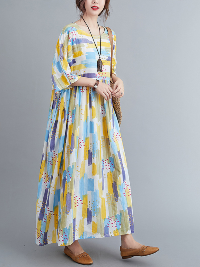 Abstract Print Round Neck Short Sleeve Smock Maxi Dress 3