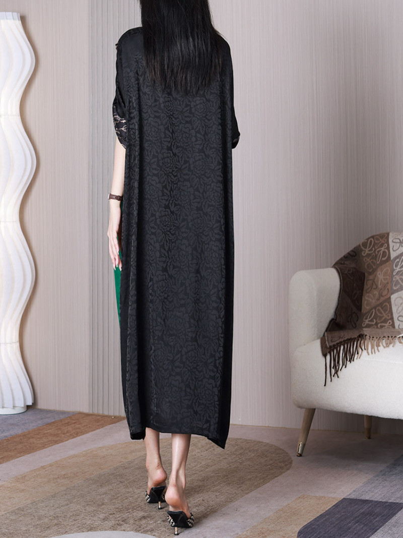 Floral Jacquard Colorblock V-Neck Loose A-Line Midi Dress 4