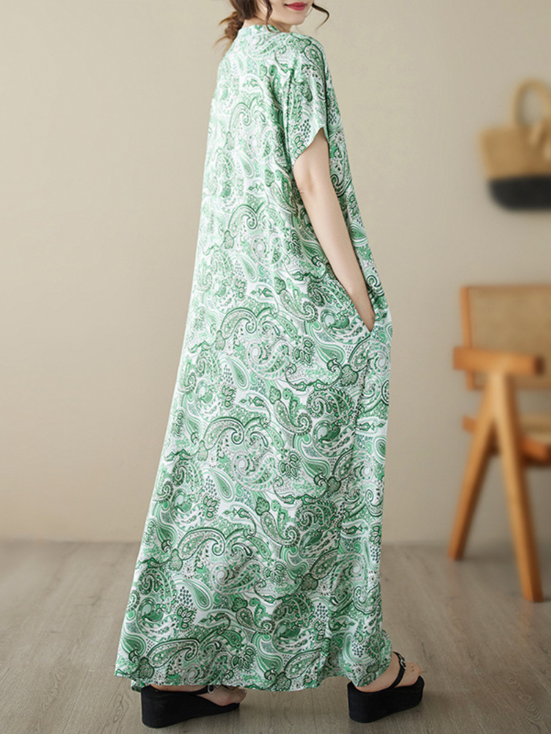 Paisley Print V-Neck Short-Sleeve Cocoon Maxi Dress 2