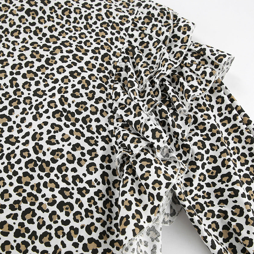 Leopard-Print Collared Long-Sleeve Tiered Mini Dress 10