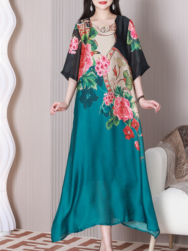 Floral Medallion Round Neck Chiffon-Panel A-Line Maxi Dress 7