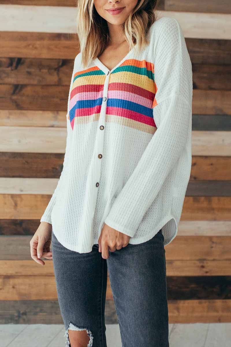 Florcoo Striped Rainbow Casual Button Tops - Fashionpara