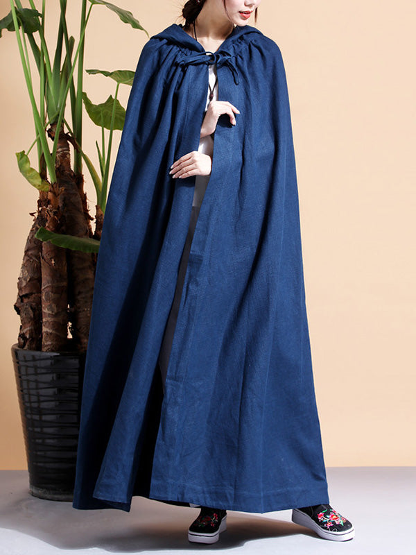 Solid Color Hooded Linen Cape Coat 10
