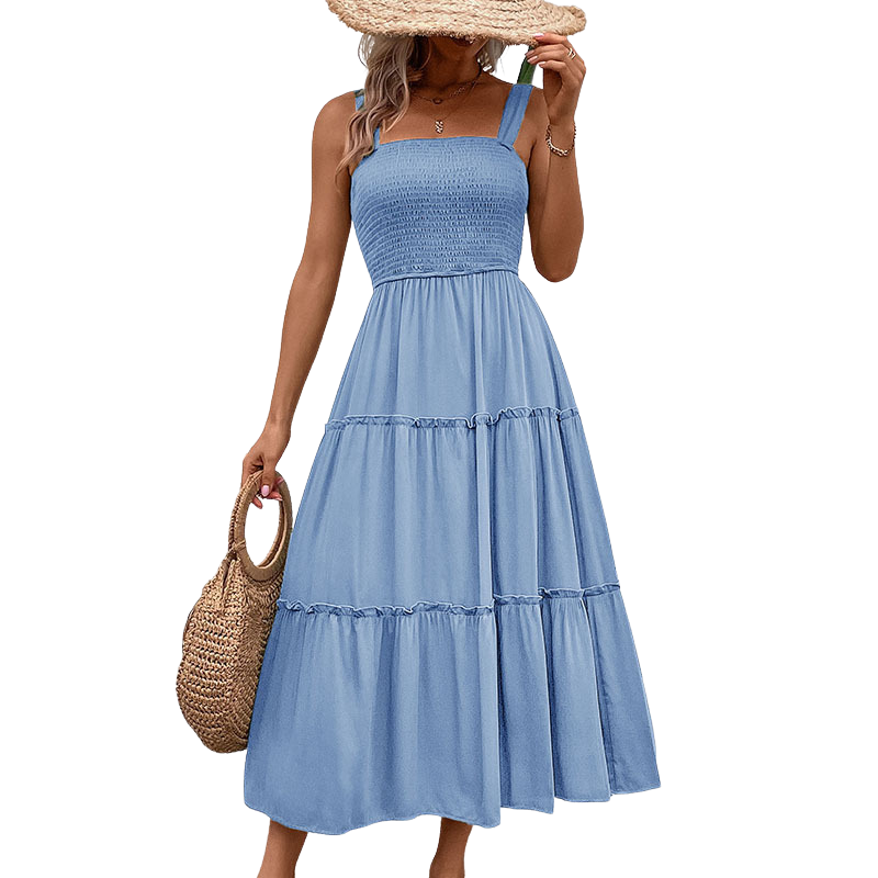 Square Neck Smocked Sleeveless Tiered Midi Dress 10
