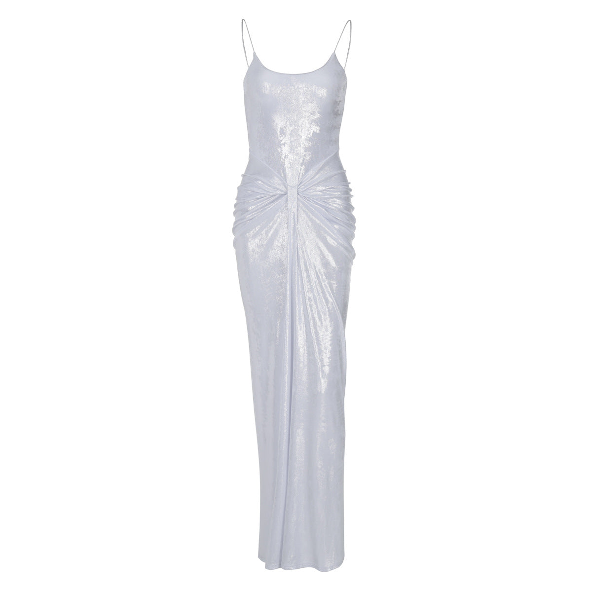 Shimmer Scoop-Neck Spaghetti-Strap Ruched Maxi Dress 10