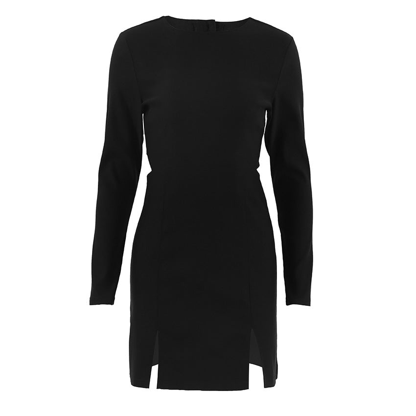 Ribbed Knit Crew Neck Long Sleeve Slit Mini Dress 9