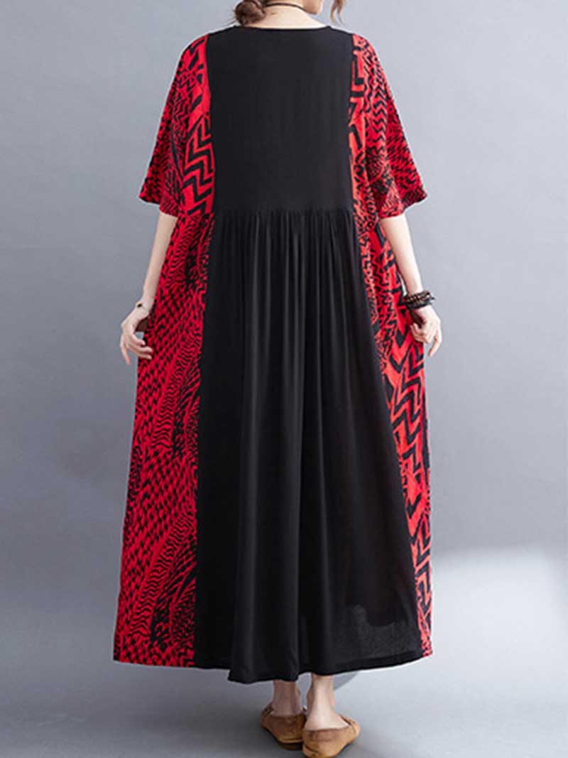 Geometric Print Round Neck Short Sleeve Pleated Maxi Dress 4