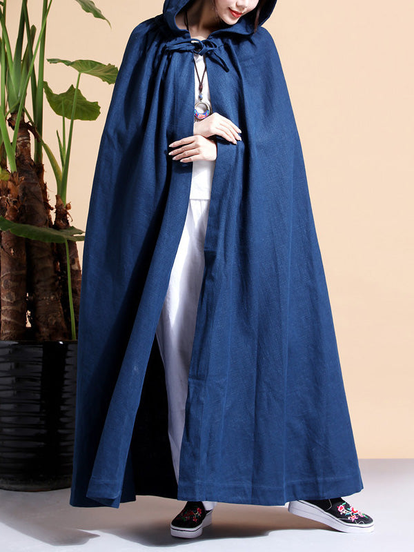 Solid Color Hooded Linen Cape Coat 9