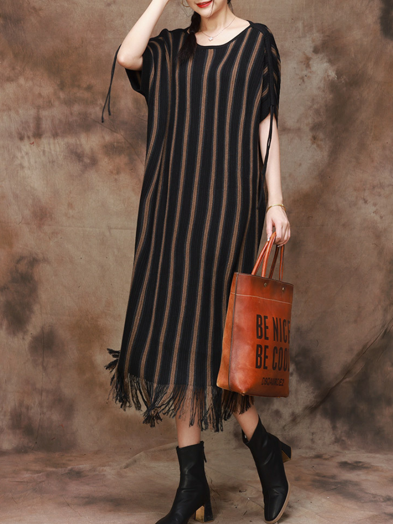 Striped Knit Round-Neck Fringe-Hem Midi Dress 9