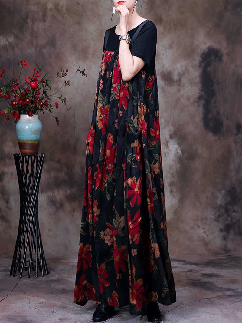 Always Glowing Printed Pleated Pocket Maxi Salopette Dress - Fashionpara