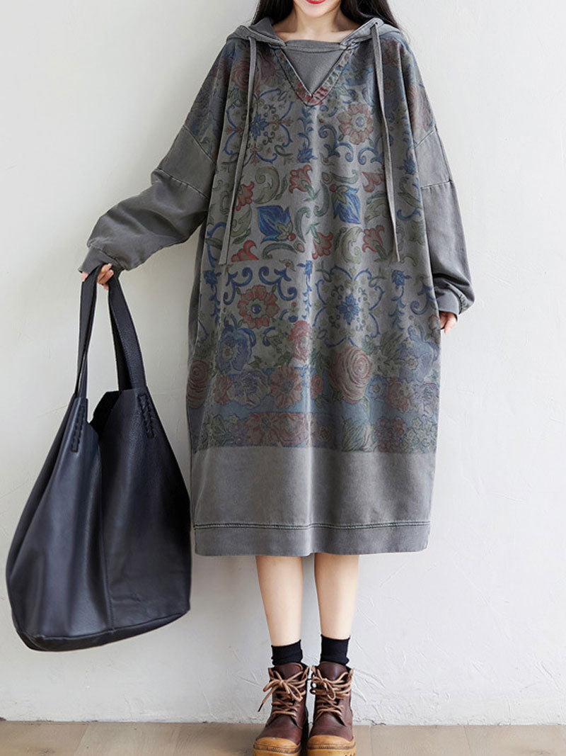 Printed Hooded Long-Sleeve Sweatshirt Midi Dress
