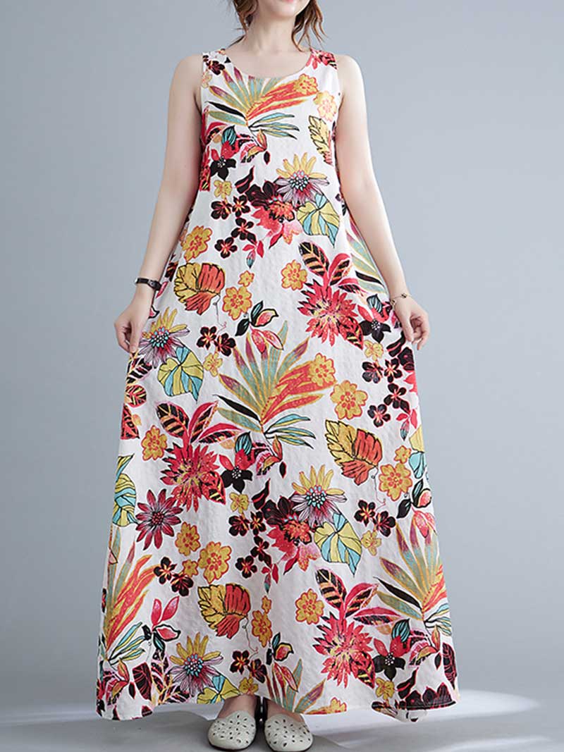 Sleeveless Cotton Floral A-Line Dress - Fashionpara