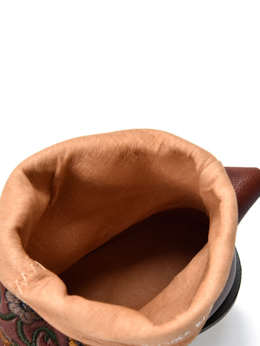 Vintage Flower Embroidery Leather Low Heel Boots