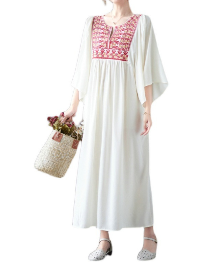 Embroidered Yoke Split-Neck Flared Sleeve Pleated Maxi Dress 7
