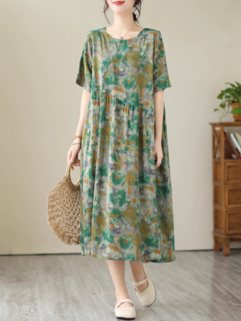Comfy & Cool Loose Green Flower Midi Dress - Fashionpara