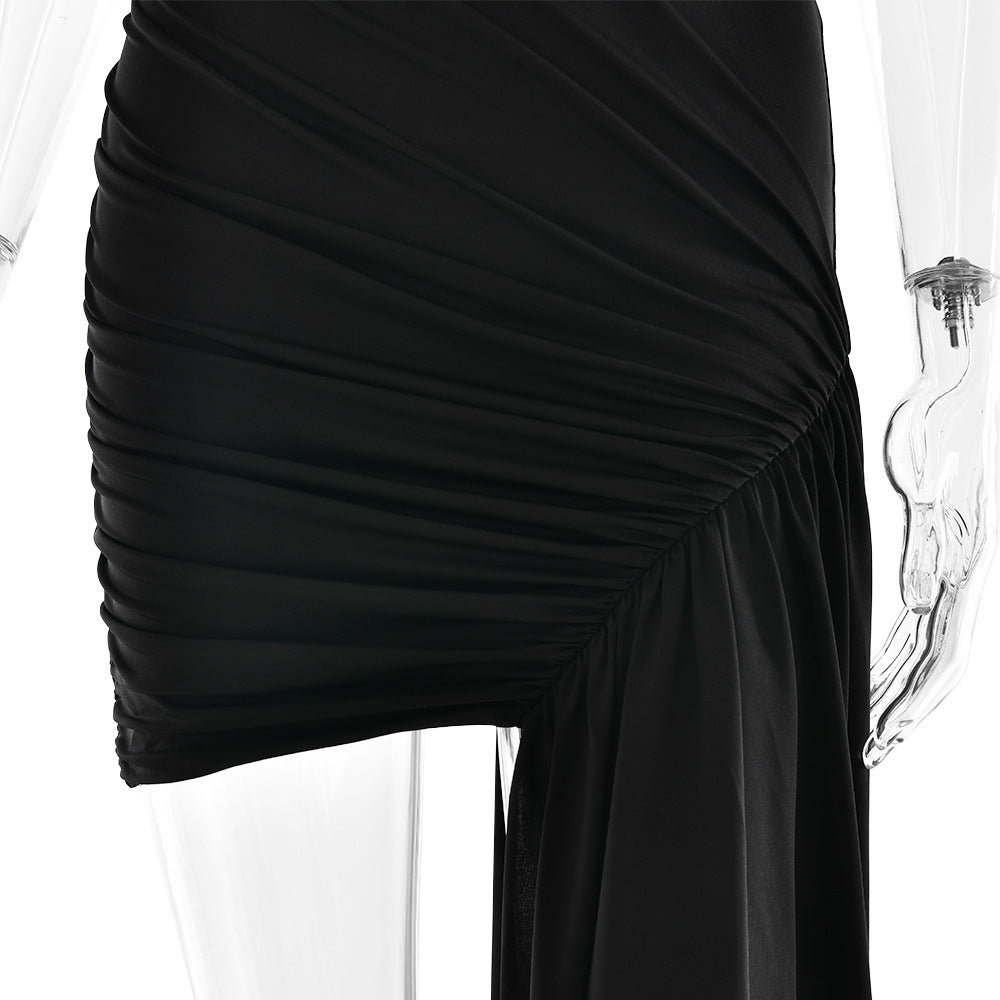 Ruched Mock Neck Sleeveless Asymmetric Draped Mini Dress 10