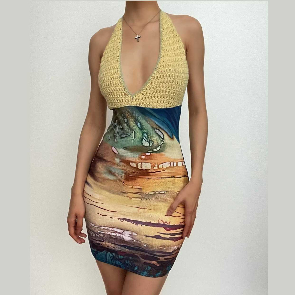 Contrast Print Knit Halter Neck Bodycon Mini Dress