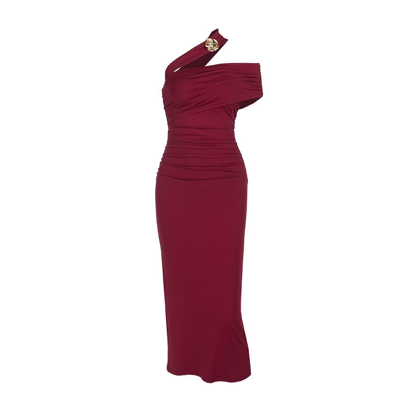 One-Shoulder Ruched Bodycon Column Midi Dress 9