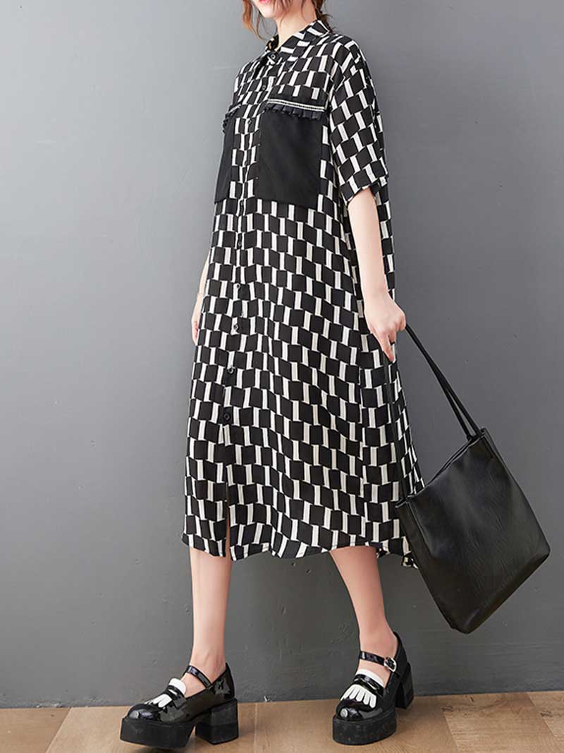 Plaid Print Cotton Front Pockets Shirt Dress 9