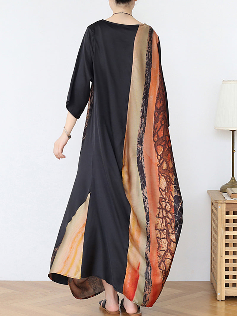 Marble Print Round Neck Batwing Sleeve Kaftan Maxi Dress 4