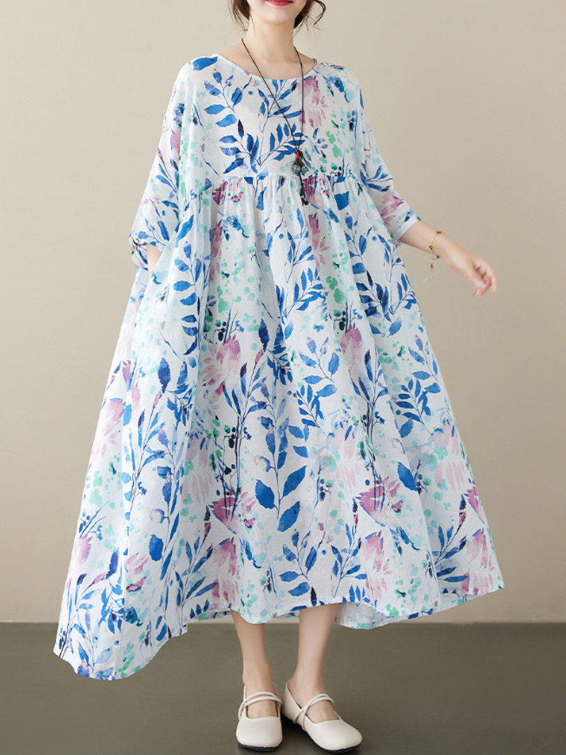 Floral Print Round Neck Half-Sleeve Smock Maxi Dress 2