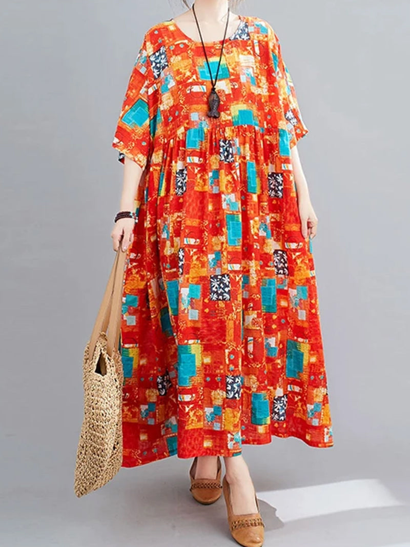 Abstract Patchwork Round Neck Smock Maxi Dress 3