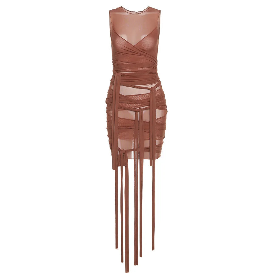 Sheer Mesh Wrap Tie Ribbon Mini Dress - Fashionpara