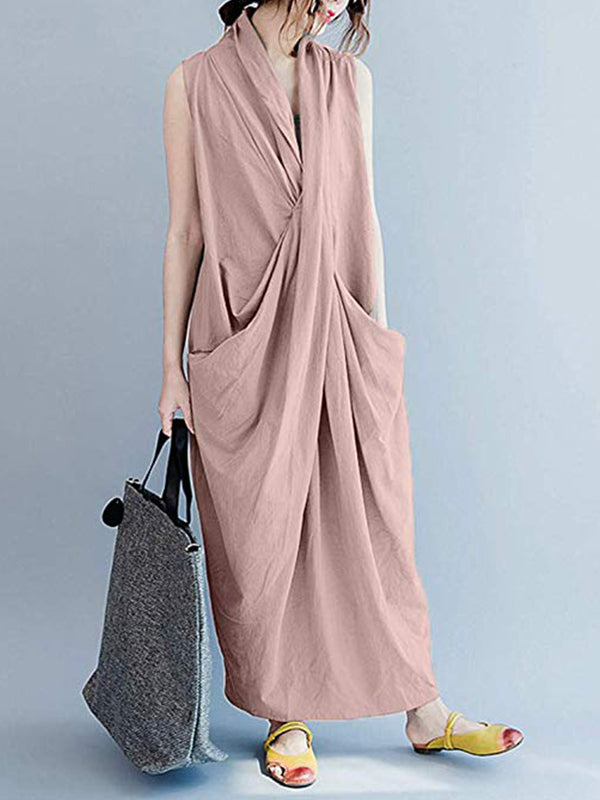 Draped V-Neck Sleeveless Pocket Cocoon Maxi Dress 10