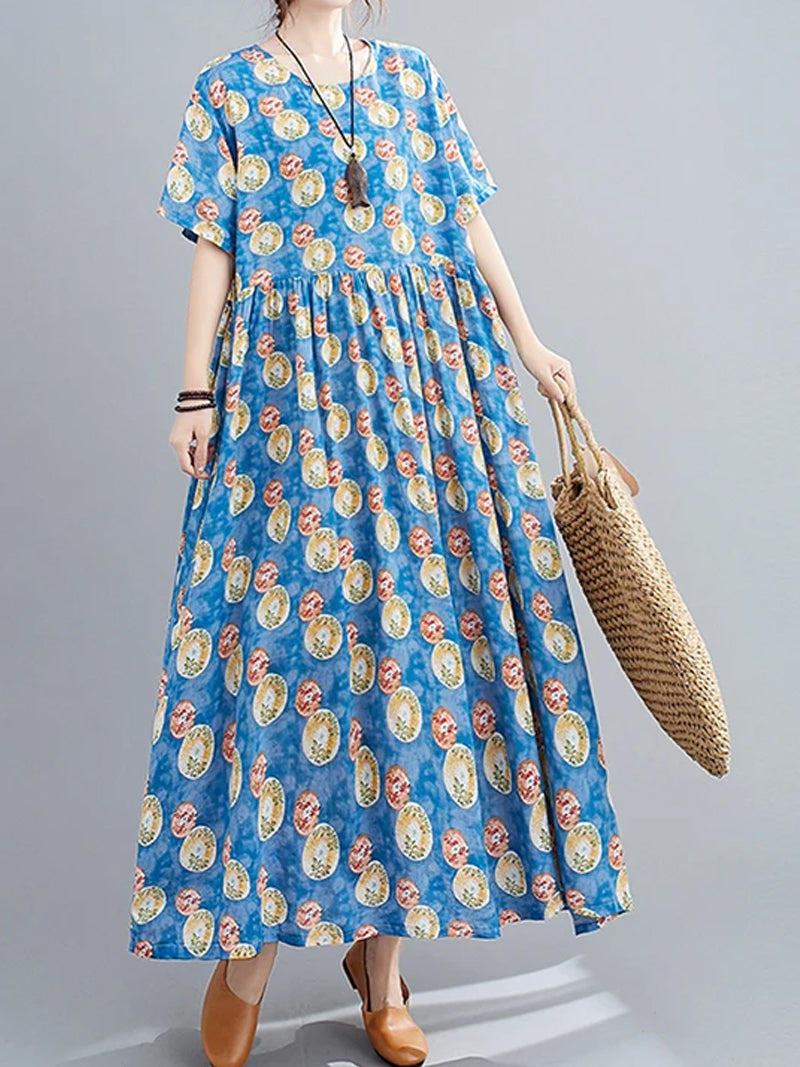 Floral Print Round Neck Short Sleeve Smock Maxi Dress 10