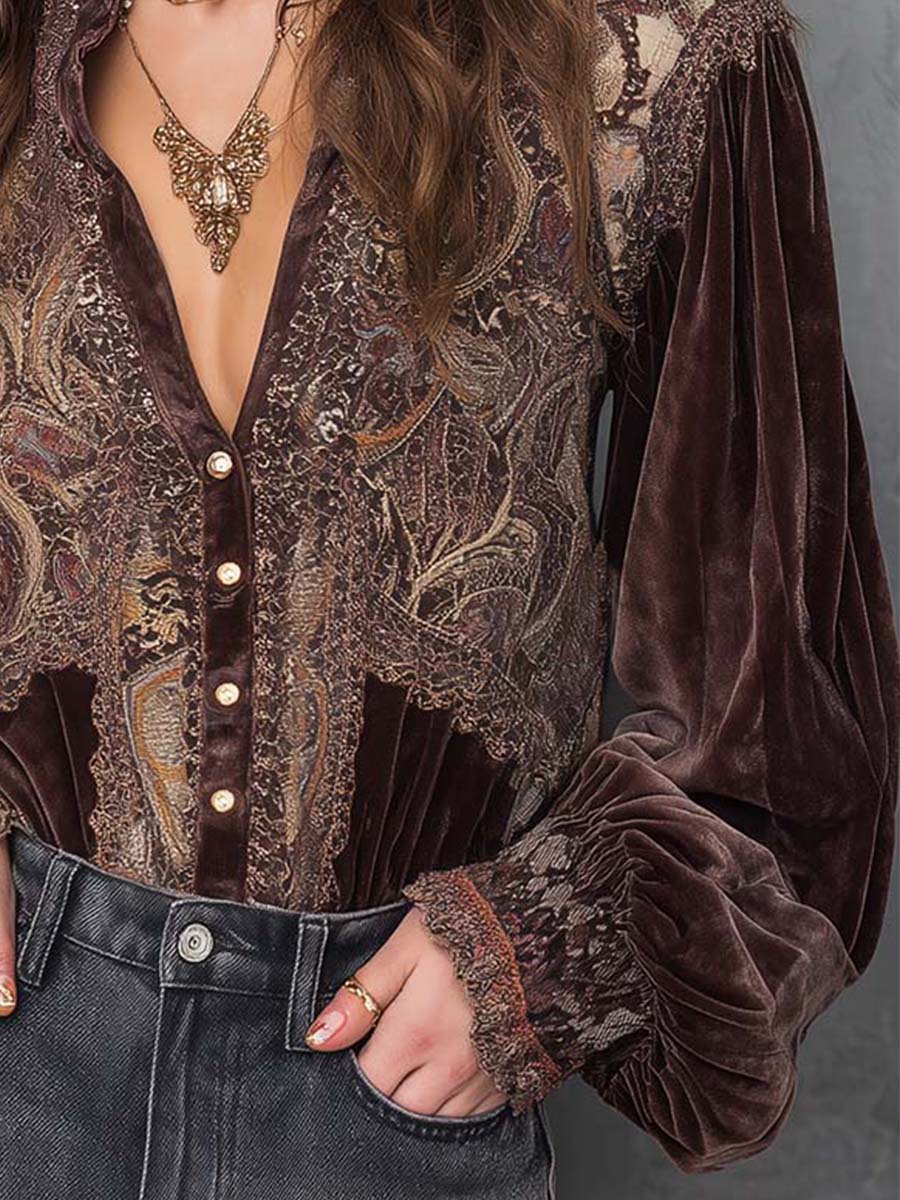 Vintage Velvet Paisley Blouse With Lace Trim - Fashionpara