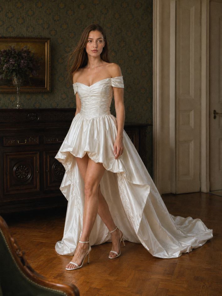 Satin Off Shoulder Corset High Low Dress