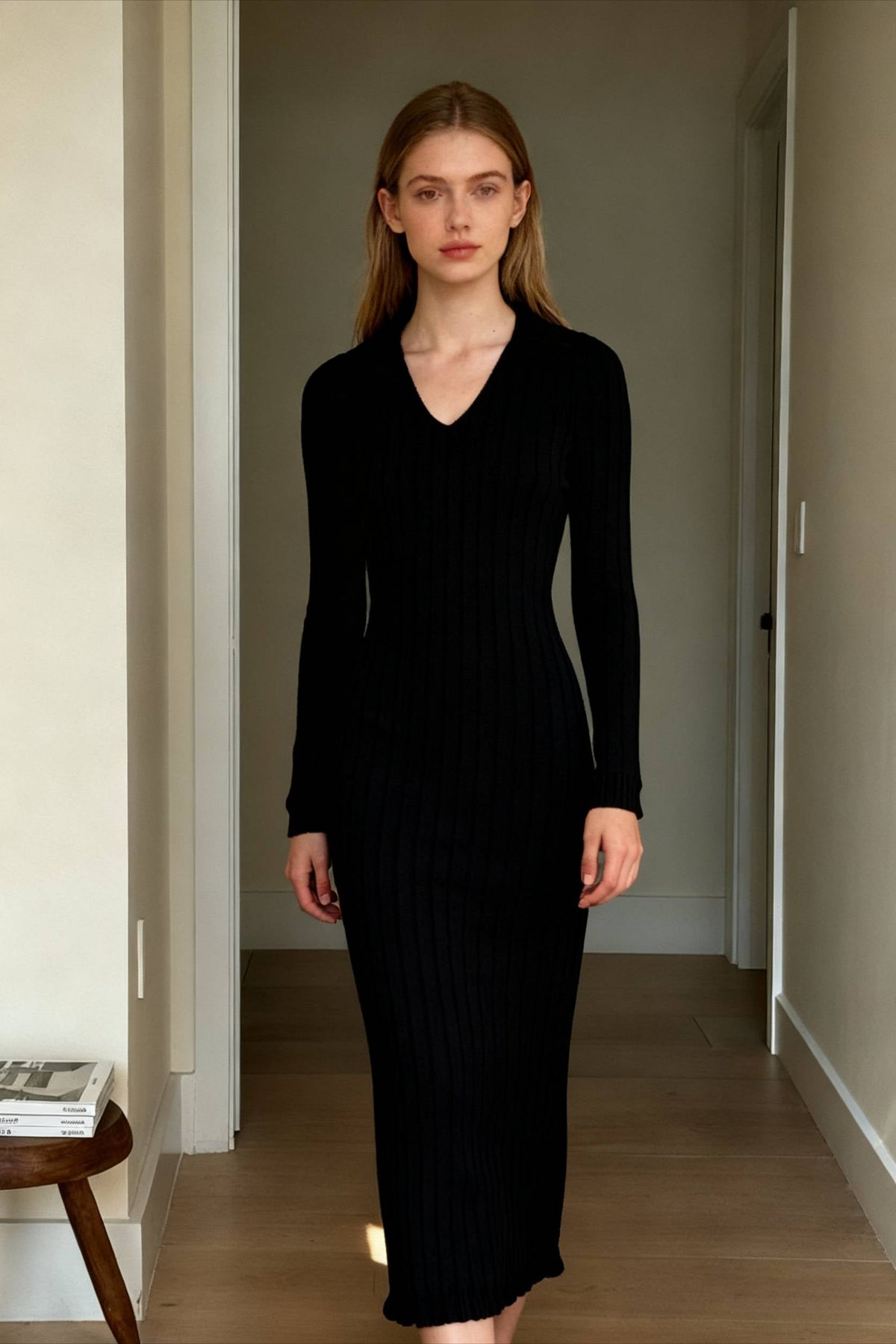 Ribbed Knit Collared Long Sleeve Side Slit Bodycon Maxi Dress