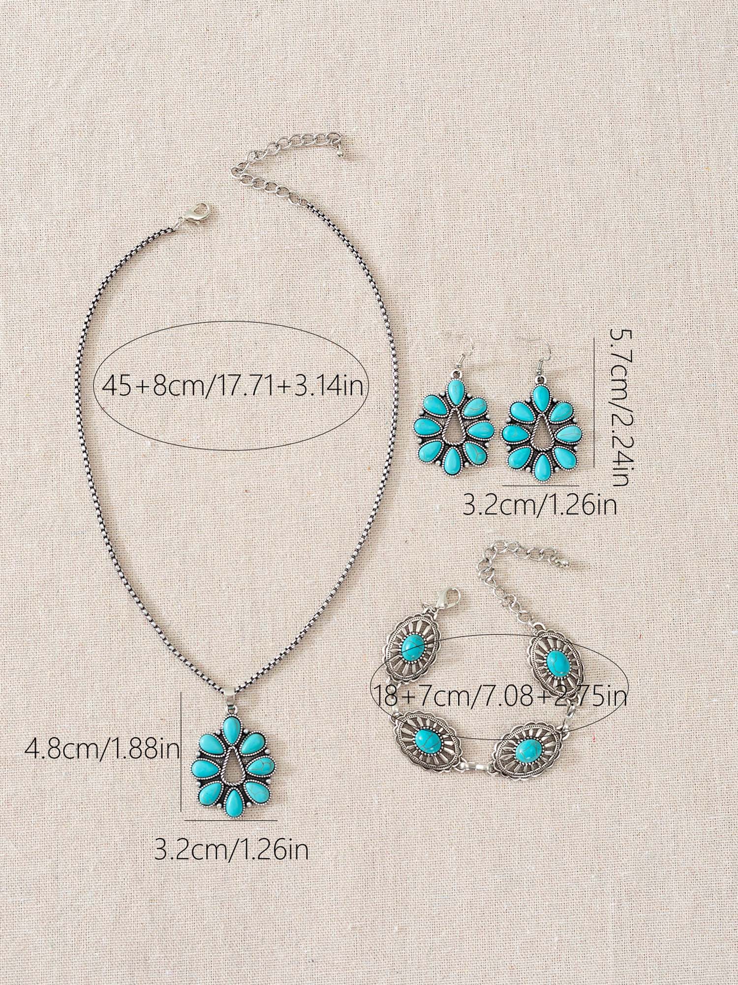 Vintage Western Turquoise Teardrop Necklace Earrings Bracelet Set - Fashionpara